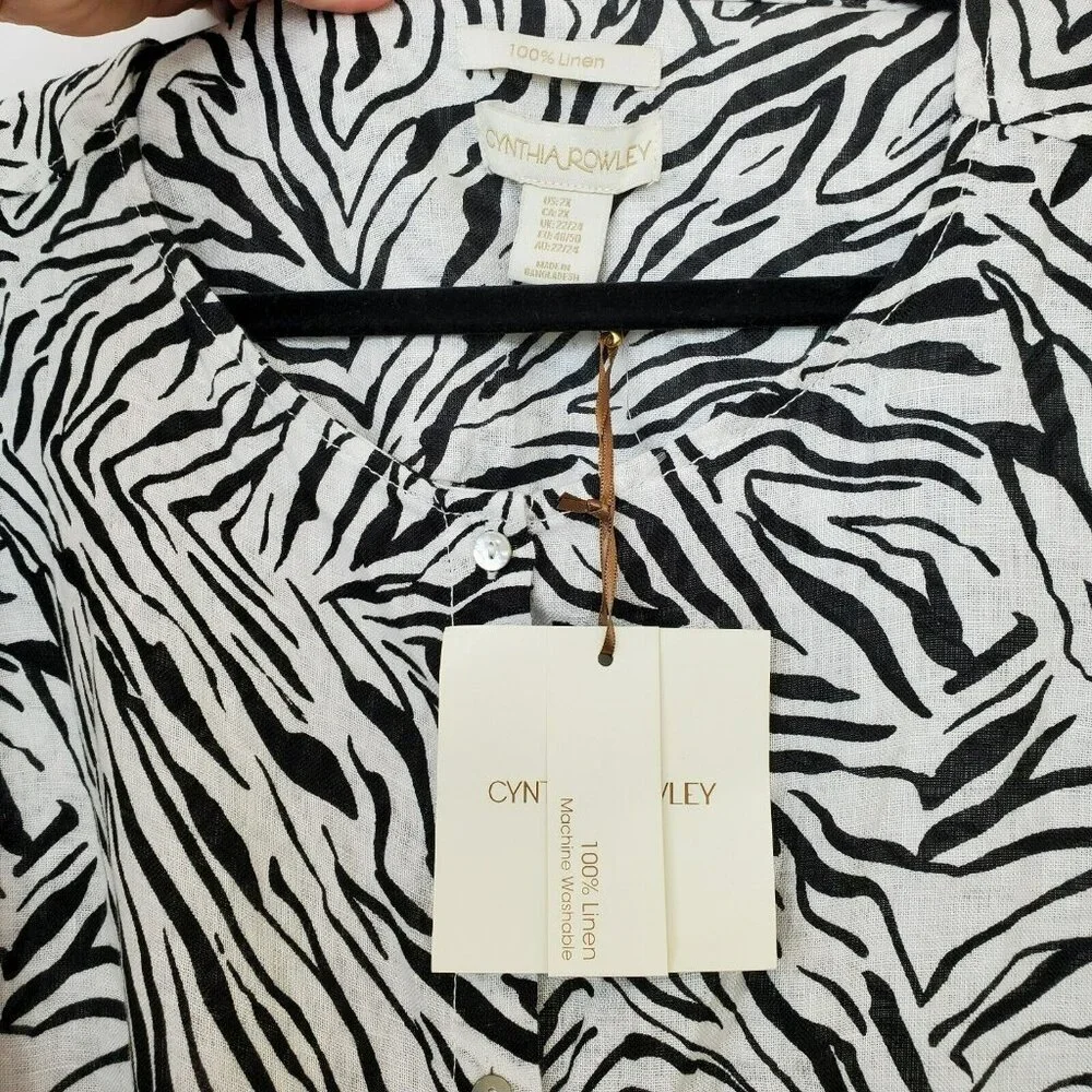 Cynthia Rowley Top Womens 2X Linen Zebra Animal Roll Tab Sleeves Button Front - Picture 4 of 10